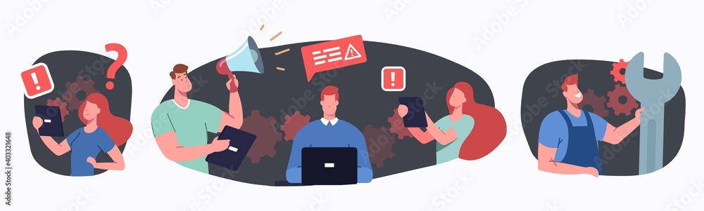 Poster problem at work concept. businesspeople characters having troubles at workplace, computer system err