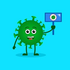 cute Corona Virus illustration holding a poster. with a blue background.