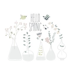 Cartoon spring flowers in different bottles. Hello spring