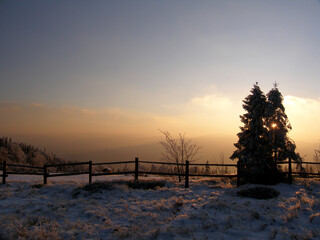 The beginning of winter in Little Beskids mountains, Magurka peak, Poland