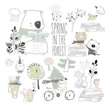 Set of cute animals with spring elements. Hello spring