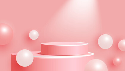 3D pink podium with steps and bubble on a pink background. Minimal scene. Horizontal minimal poster, flyer, greeting card, header for website. Vector background with spotlight from above.