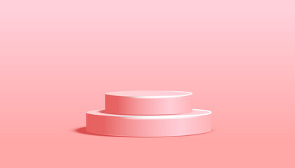 Minimal scene with cylinder podium on pink background with light and shadow. Horizontal poster, flyer, greeting card, header for social media banner, promotion, stage, cosmetic product show.