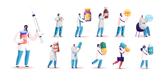 Fototapeta premium Set of People in Doctor Uniform with Medic Tools and Medicine. Tiny Male and Female Characters Holding Huge Pills