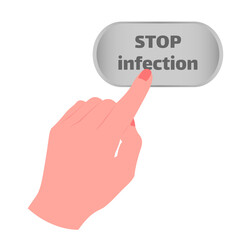 Hand touching, pressing or pointing a button with the inscription 