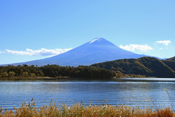 Lake Kawaguchi with Mt. Fuji in the background in Japan.