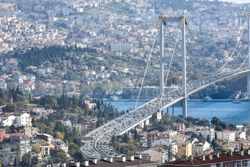 15th July Martyrs Bridge (in Turkish 15 Temmuz Sehitler Koprusu ) Bosphorus Bridge, Istanbul, Turkey with panoramic view of the city. Traffic in Istanbul