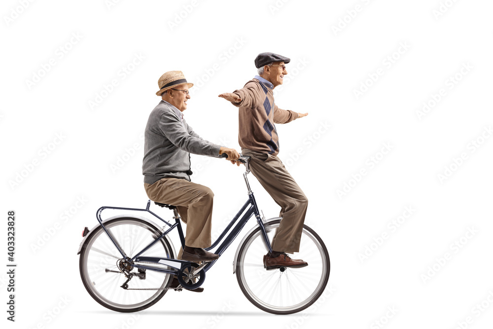 Poster Funny elderly men riding a bicycle