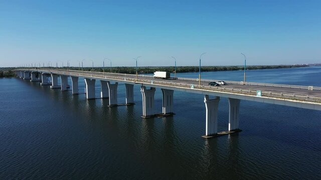 The Antonovsky bridge in Kherson city aerial view.