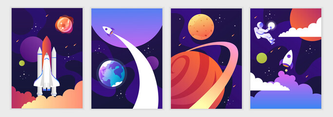 Space shuttle and universe. Colorful planets, rocket, galaxy and universe. Set of cartoon space backgrounds. Vector modern illustration. Templates for flyers, banners, cards, covers, frames, poster.