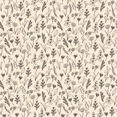 Herbal seamless patten on set sail champagne color background. Modern and elegant design, perfect for fabric, textile, wallpapers, wrapping paper. Hand-drawn herbs and tiny flowers.