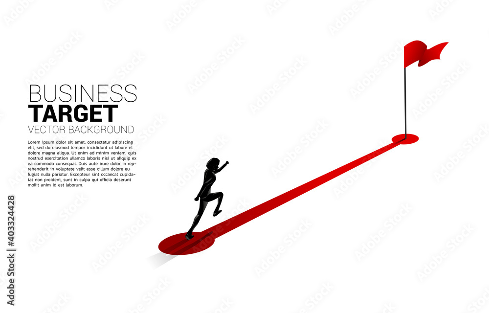 Poster silhouette of businessman running on route path to red flag at goal. concept of people ready to star