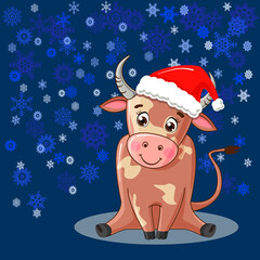 Cartoon character bull, against a background of snowflakes, a symbol of 2021. Drawn in vector. This funny calf is perfect for decorating a calendar or poster in a nursery.