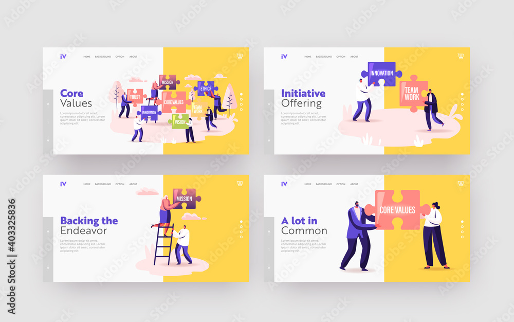 Poster core values landing page template set. tiny businesspeople characters holding huge puzzle with basic