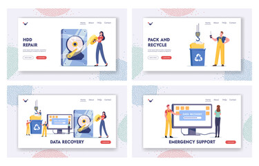 Data Recovery Service, Backup, Protection, Hardware Repair Landing Page Template Set. Tiny Characters in Worker Uniform