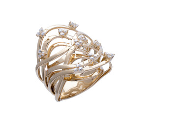 golden ring with precious stones isolated on white background with copy space