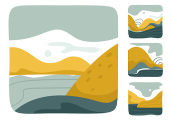 Set of various abstract landscapes. Mountains, hills, rivers, landscapes, backgrounds. Square icons, badges. Cutout style. Vector backgrounds.