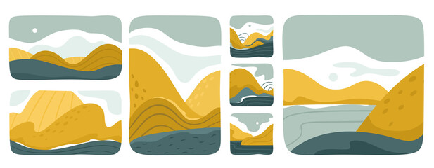 Set of various abstract landscapes. Mountains, hills, rivers, landscapes, backgrounds. Square icons, badges. Cutout style. Vector backgrounds.