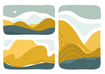 Set of various abstract landscapes. Mountains, hills, rivers, landscapes, backgrounds. Square icons, badges. Cutout style. Vector backgrounds.