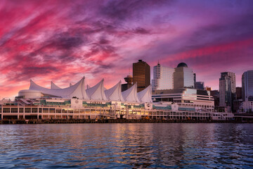 Fototapeta na wymiar Canada Place and commercial buildings in Downtown Vancouver Viewed from water. Modern Architecture in Urban City on West Coast of British Columbia, Canada. Sunset Sky Art Render