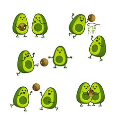 Obraz premium Cartoon avocado characters play ball. A kawaii avocado cut in half is a sport. Healthy lifestyle illustration isolated on white background.