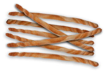 Pile of breadstick - Grissini in Italian - isolated on white background. Top view image.