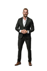 Handsome laughing businessman wearing a suit and shirt standing with his hands clasped. White background.