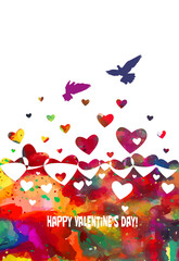 The background is red with hearts. Happy Valentine's Day. Enamored birds. Mixed media. Vector illustration