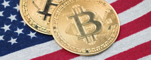 cryptocurrency golden coins - Bitcoin, Ethereum, Litecoin on the background of American flag. Virtual money concept.