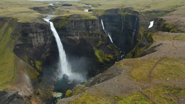 Haifoss and Garnni waterfalls panoramic aerial view. Iceland natural wonder Landmannalaugar canyon.