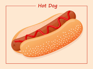 Vector flat illustration of American delicious hot dog for poster, advertisement, menu, restaurant. Hot dog with sausage, ketchup and sesame seed bun.