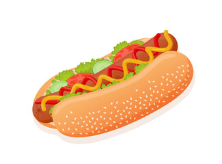 Vector flat illustration of American delicious hot dog for poster, advertisement, menu, restaurant. Hot dog with lettuce, tomato, cucumber, ketchup, mustard and sesame seed bun.