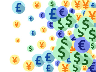 Euro dollar pound yen round icons flying currency vector design. Forex pattern. Currency pictograms