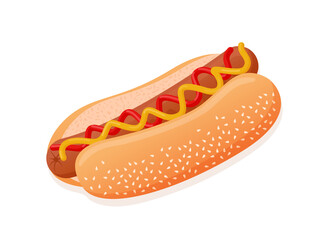 Vector flat illustration of American delicious hot dog for poster, advertisement, menu, restaurant. Hot dog with sausage, ketchup, mustard and sesame seed bun.