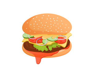 Cheeseburger with meat, salad, tomato, cucumber, onion, sauce and cheese. Vector flat illustration of fast food hamburger for poster, advertisement, menu, web, restaurant.