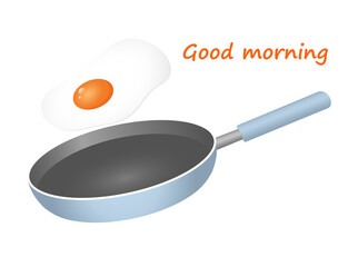 Vector flat illustration of a frying pan with a flying egg for advertising, web, menu, restaurant. Good morning with delicious scrambled eggs breakfast
