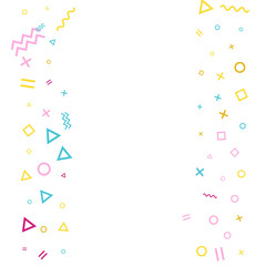Memphis style geometric confetti background with triangle, circle, square, zigzag and wavy line