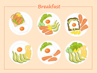 Set of healthy breakfast plates with salmon, fried egg, lemon, cucumber and lettuce, toast, lemon. Vector illustration of a healthy breakfast for poster, web. Healthy lifestyle. Good morning.