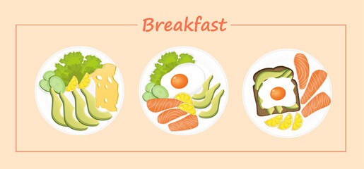 Set of healthy breakfast plates with salmon, fried egg, lemon, cucumber and lettuce, toast, lemon. Vector illustration of a healthy breakfast for poster, web. Healthy lifestyle. Good morning.