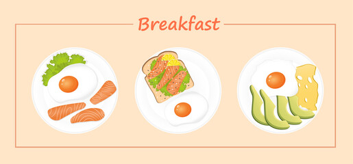 Set of healthy breakfast plates with salmon, fried egg, lemon, cucumber and lettuce, toast, lemon. Vector illustration of a healthy breakfast for poster, web. Healthy lifestyle. Good morning.