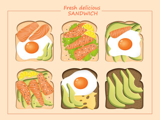 Set of delicious fresh sandwiches with toast bread consisting of a fried egg, salmon, avocado, lemon, cheese and sesame seeds. Vector illustration of a healthy breakfast. Healthy lifestyle.