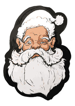 Hand-drawn image of Santa Claus face with hat and beard visible on black background