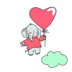Cute baby elephant floating with balloon, vector illustration.