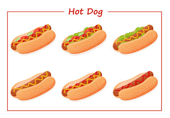 Set of American delicious hot dogs with different ingredients such as sausage, mustard, ketchup, lettuce, tomatoes, cucumbers and sesame seed bun for advertising, web. Vector illustration of fast food
