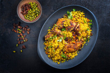 Modern style traditional fried Arabic chicken majboos with chicken leg and jeweled rice served as top view in a design plate