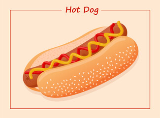 Vector flat illustration of American delicious hot dog for poster, advertisement, menu, restaurant. Hot dog with sausage, ketchup, mustard and sesame seed bun.