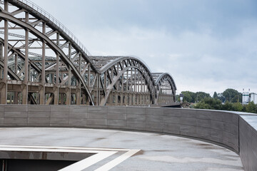 Long steel railway bridge in a German city. Great railway bridge