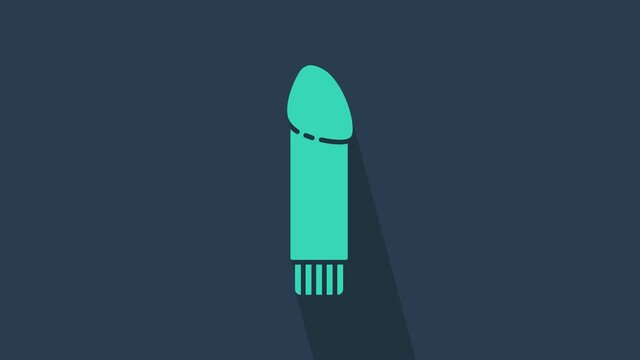 Turquoise Dildo vibrator for sex games icon isolated on blue background. Sex toy for adult. Vaginal exercise machines for intimate. 4K Video motion graphic animation.