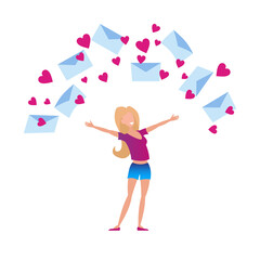 Valentine's Day. A happy woman rejoices at a large number of congratulations, love letters.