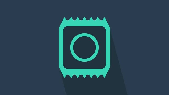 Turquoise Condom in package safe sex icon isolated on blue background. Safe love symbol. Contraceptive method for male. 4K Video motion graphic animation.